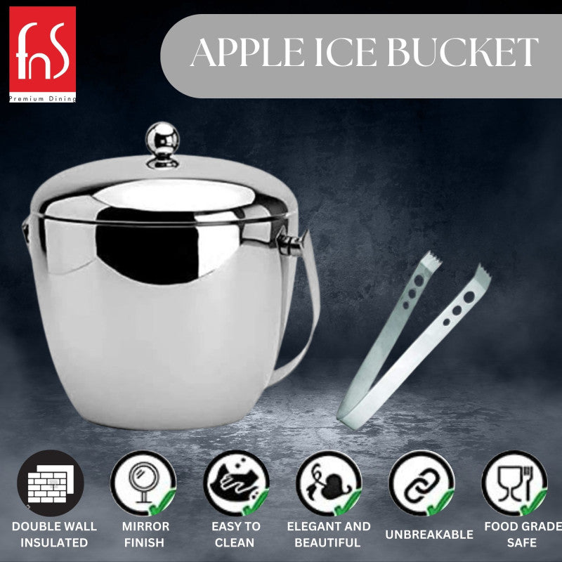 FNS apple ice bucket features infographic highlighting double wall insulation, mirror finish, easy clean, elegant design, unbreakable, and food grade safe