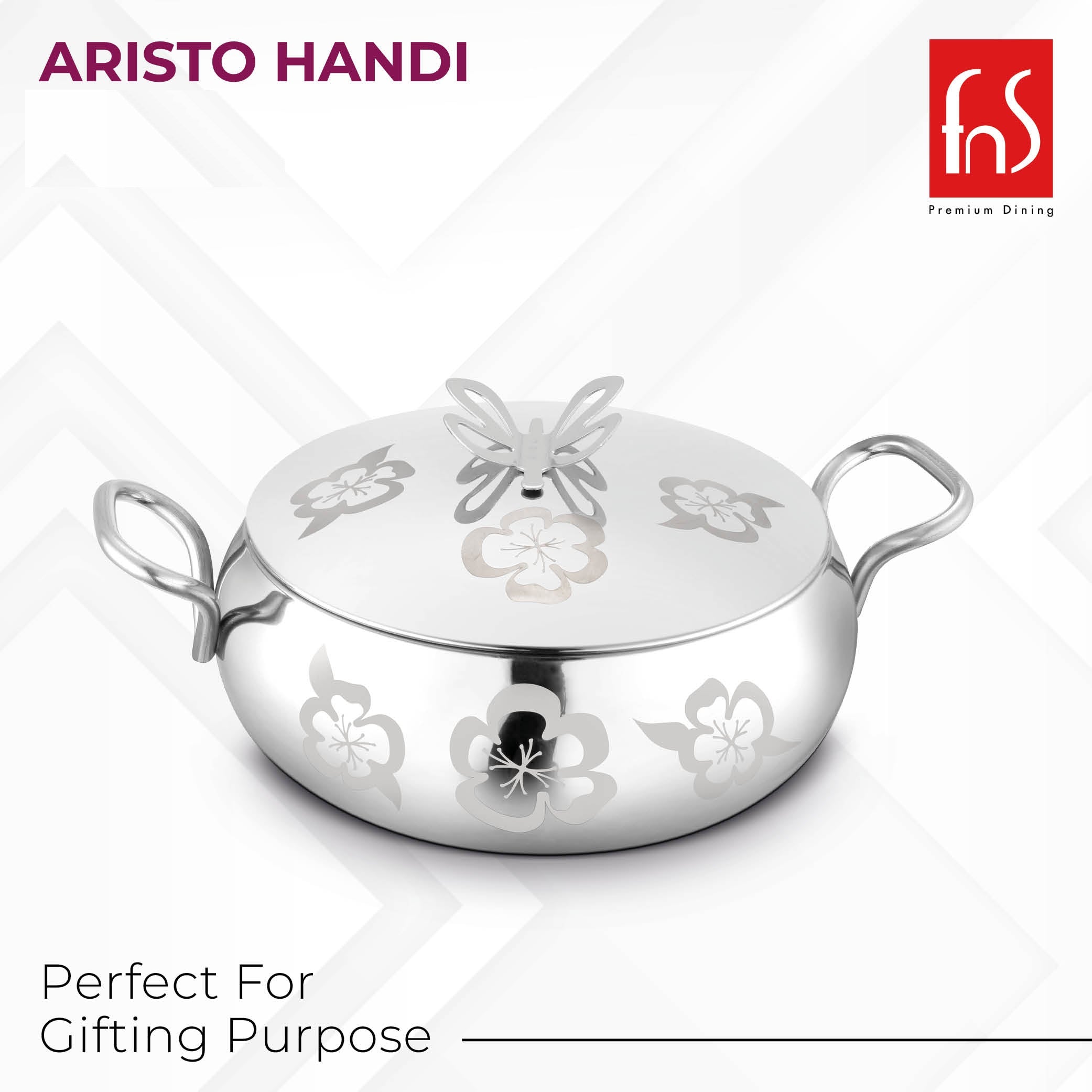 FNS Aristo Handi stainless steel serving handi with butterfly knob lid and floral etched design on white background, labeled perfect for gifting