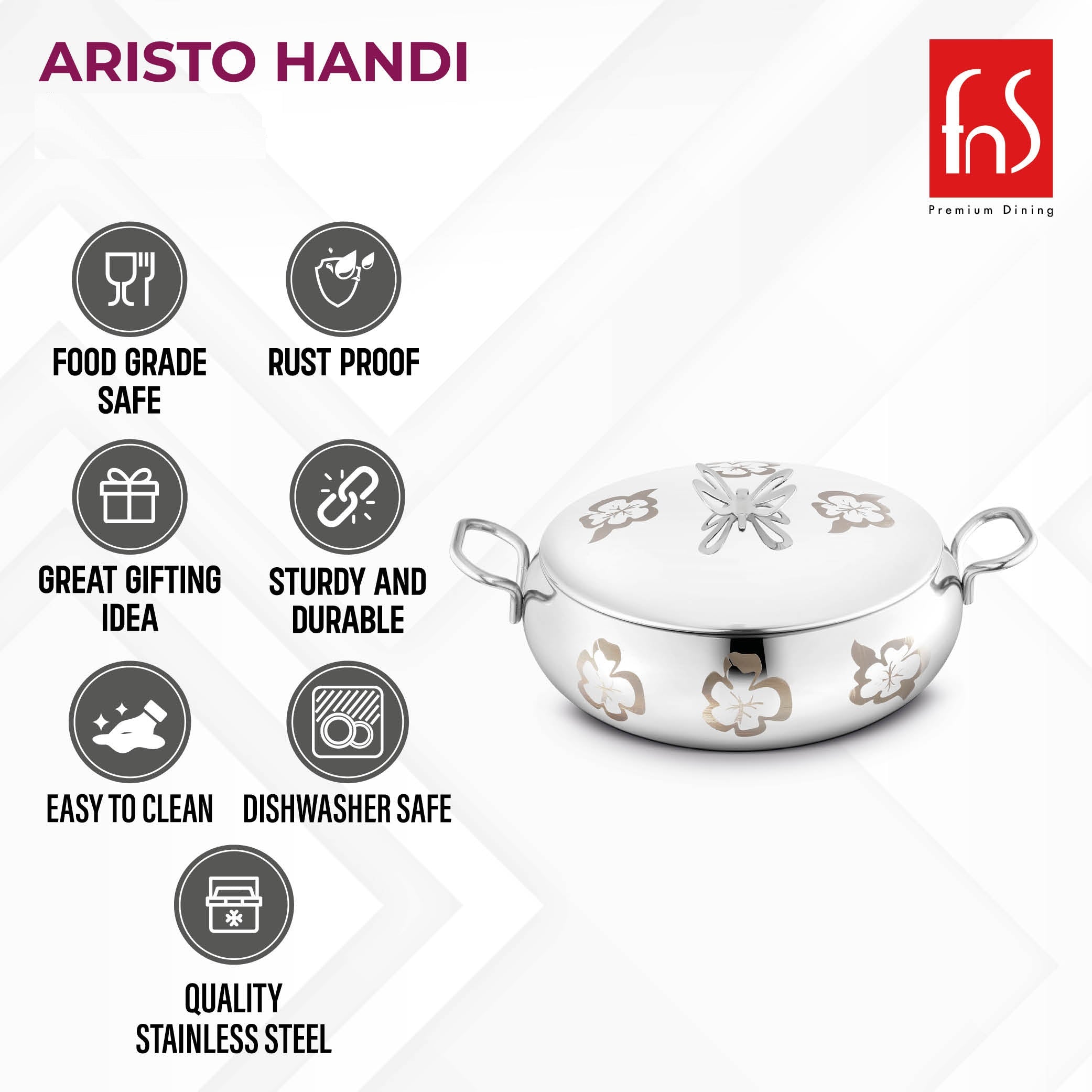 FNS Aristo Handi features infographic showing food grade safe, rust proof, great gifting idea, sturdy and durable, easy to clean, dishwasher safe, and quality stainless steel