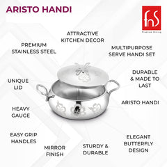 FNS Aristo Handi features infographic highlighting premium stainless steel, attractive kitchen decor, multipurpose use, unique butterfly lid, heavy gauge, easy grip handles, mirror finish, sturdy and durable, and elegant butterfly design