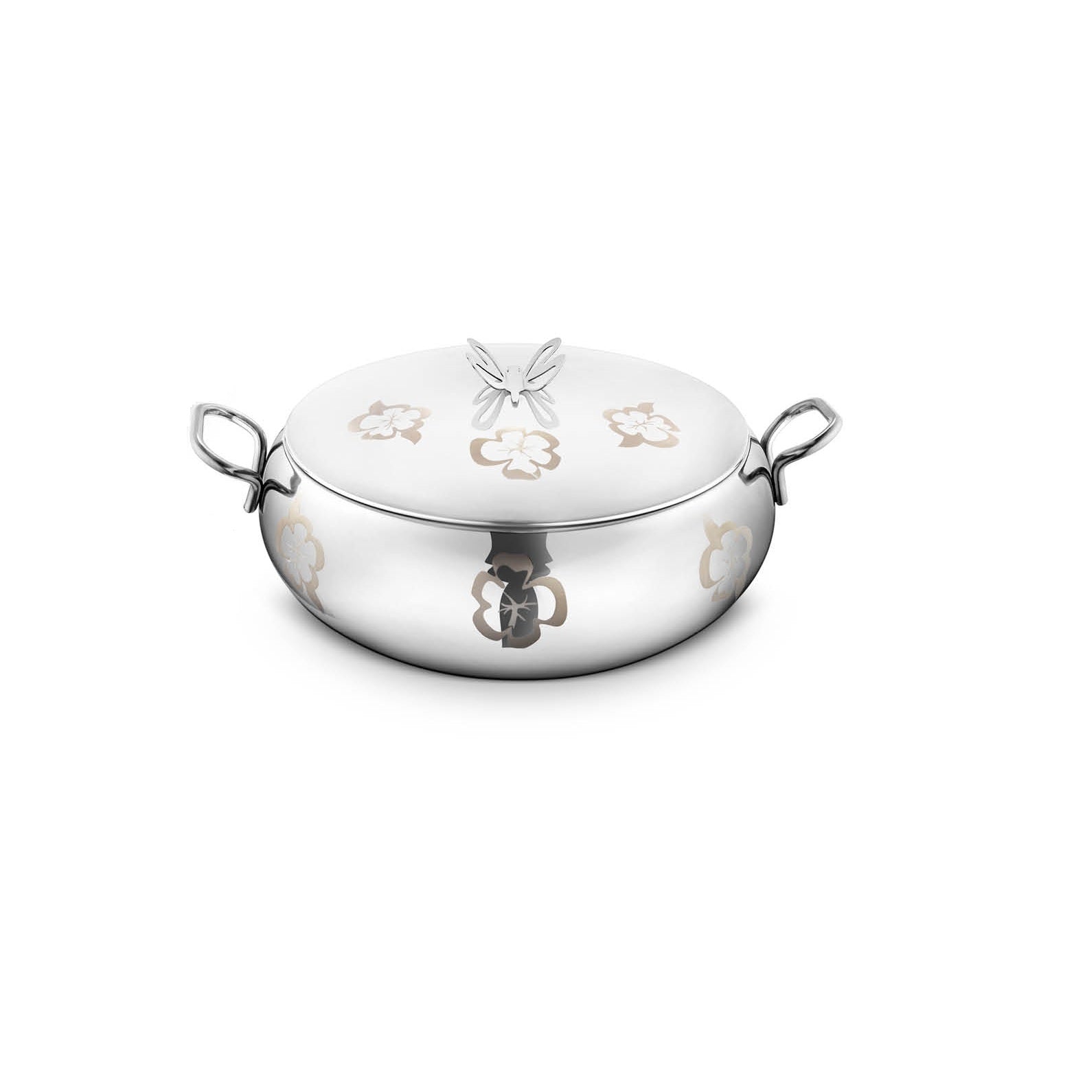 FNS Aristo stainless steel handi with floral etched body and butterfly knob lid, with dual loop handles, on white background