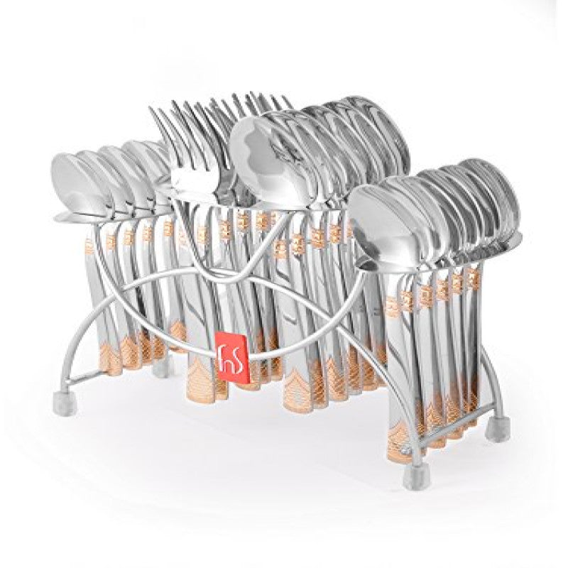 Organized 24-piece stainless steel cutlery set with gold accents in stand, on white background.