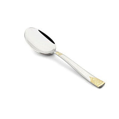 FNS August 1-piece serving spoon with 24-karat gold plated textured accents on handle and mirror finish stainless steel bowl on white background