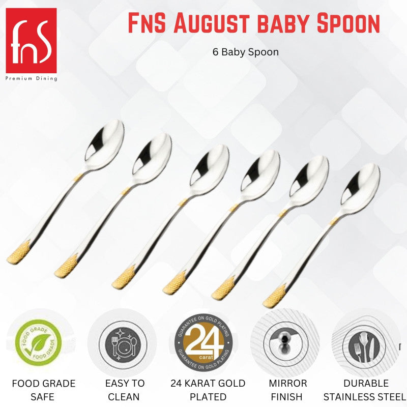 FNS August baby spoon set features infographic highlighting food grade safe, easy to clean, 24-karat gold plating, mirror finish, and durable stainless steel.