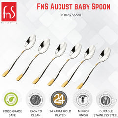 FNS August baby spoon set features infographic highlighting food grade safe, easy to clean, 24-karat gold plating, mirror finish, and durable stainless steel.