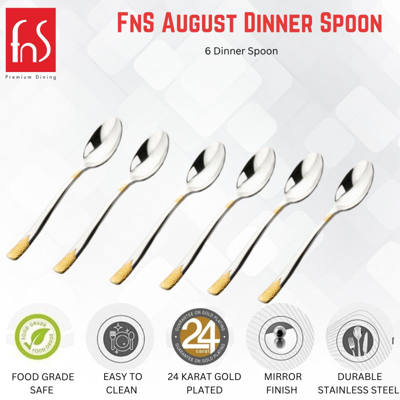 FNS August 6-piece dinner spoon set features infographic highlighting food grade safe, easy to clean, 24-karat gold plating, mirror finish, and durable stainless steel construction.