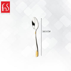 FNS August baby spoon 16.5cm dimensions with 24-karat gold plated textured handle and mirror finish stainless steel bowl for infant feeding needs.