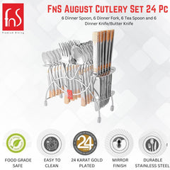FnS August 24-piece cutlery set in a stand with icons for gold plating and durability.