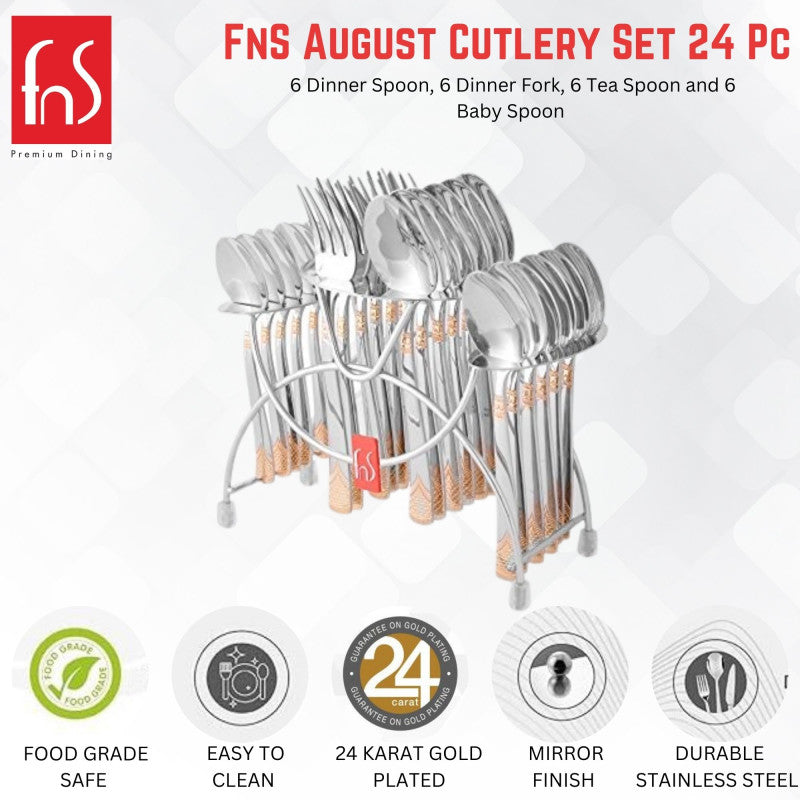 FnS 24-piece gold-plated stainless steel cutlery set with icons for safety, durability, and finish.