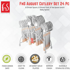 FnS 24-piece gold-plated stainless steel cutlery set with icons for safety, durability, and finish.