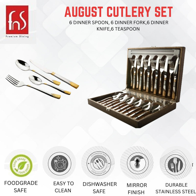 August cutlery set with 6 spoons, forks, knives, and teaspoons in elegant wooden box.