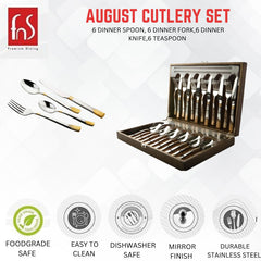 August cutlery set with 6 spoons, forks, knives, and teaspoons in elegant wooden box.
