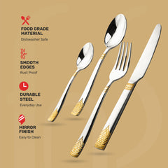 Gold-detailed cutlery set displayed with icons highlighting smooth edges, food safety, durability, and mirror finish.