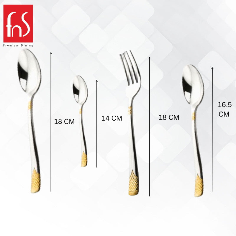 Four stainless steel utensils with gold detailing shown with height measurements in centimeters for reference.