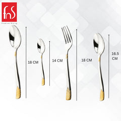 Four stainless steel utensils with gold detailing shown with height measurements in centimeters for reference.