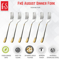 Promotional image of six FNS August Dinner Forks with product highlights including food grade safety, easy to clean, 24K gold plating, mirror finish, and durable stainless steel.