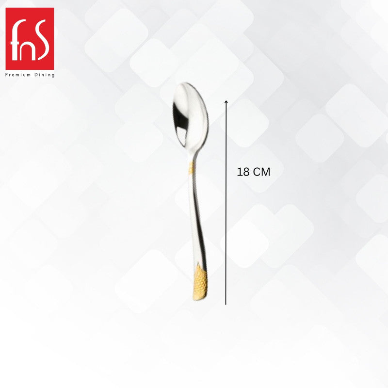 FNS August dinner spoon dimensions showing 18cm length with 24-karat gold plated textured handle and mirror finish stainless steel design.