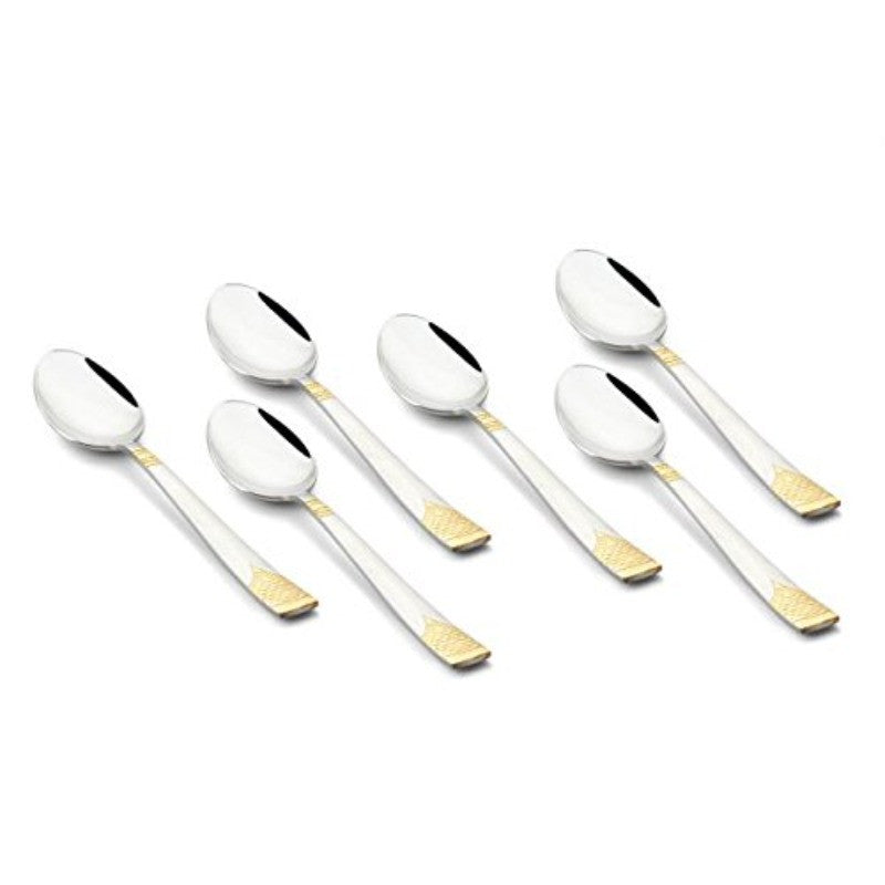 Six-piece FNS August baby spoon set with 24-karat gold plated handles arranged elegantly, premium stainless steel infant feeding collection on white background.