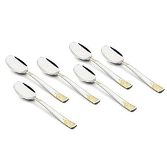 FNS August 6-piece dinner spoon set with 24-karat gold plated handles and mirror finish stainless steel, premium luxury cutlery collection.