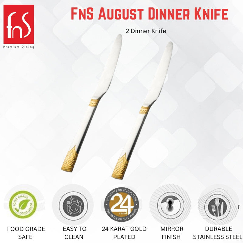 FnS August dinner knife set of two featuring gold accents with icons showing food-grade safe, easy clean, 24-karat gold plated, mirror finish, durable steel.