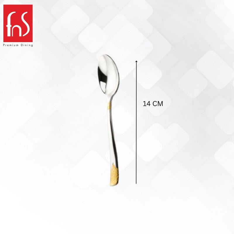 Single stainless steel teaspoon with gold-textured handle tip shown vertically with 14 cm measurement indicator, FnS Premium Dining logo visible