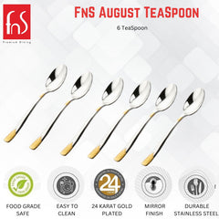 FnS August TeaSpoon set of six with gold-plated textured handles, featuring five product icons: food grade, easy clean, 24-karat gold, mirror finish, durable steel