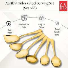 FNS Aurik 6-piece gold plated stainless steel serving set features infographic highlighting rust-proof, dishwasher safe, easy to clean, and food-grade safe properties