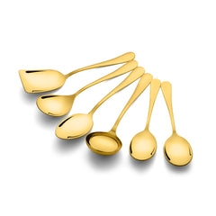 FNS Aurik premium gold plated 6-piece serving spoon set arranged in elegant fanned display showcasing turner, ladle, and varied serving spoon sizes