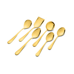 FNS Aurik premium gold plated serving spoon set with 6 pieces in scattered artistic arrangement showcasing elegant teardrop handle design on white