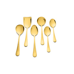 FNS Aurik gold plated serving spoon set dimensions chart showing sizes from 18.2 cm to 26 cm for complete six-piece collection with measurements