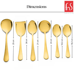 FNS Aurik gold plated serving spoon set dimensions chart showing sizes from 18.2 cm to 26 cm for complete six-piece collection with measurements