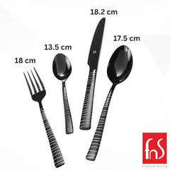 Black striped cutlery set with length measurements labeled in centimeters, displayed with FNS Premium Dining logo.