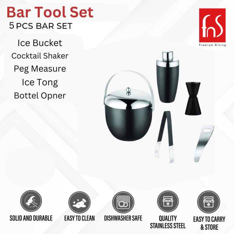 FNS 5-piece black bar tool set showing all components with solid, durable, dishwasher safe, and stainless steel features