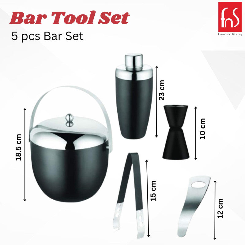 FNS 5-piece black bar set components with dimensions showing ice bucket, shaker, jigger, tongs, and opener measurements