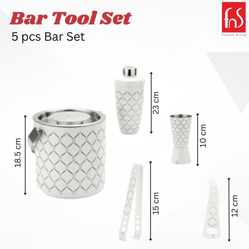 FNS 5-piece bar set components with dimensions showing ice bucket, shaker, jigger, tongs, and bottle opener measurements