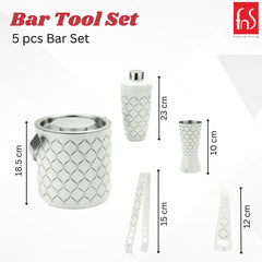 FNS 5-piece bar set components with dimensions showing ice bucket, shaker, jigger, tongs, and bottle opener measurements