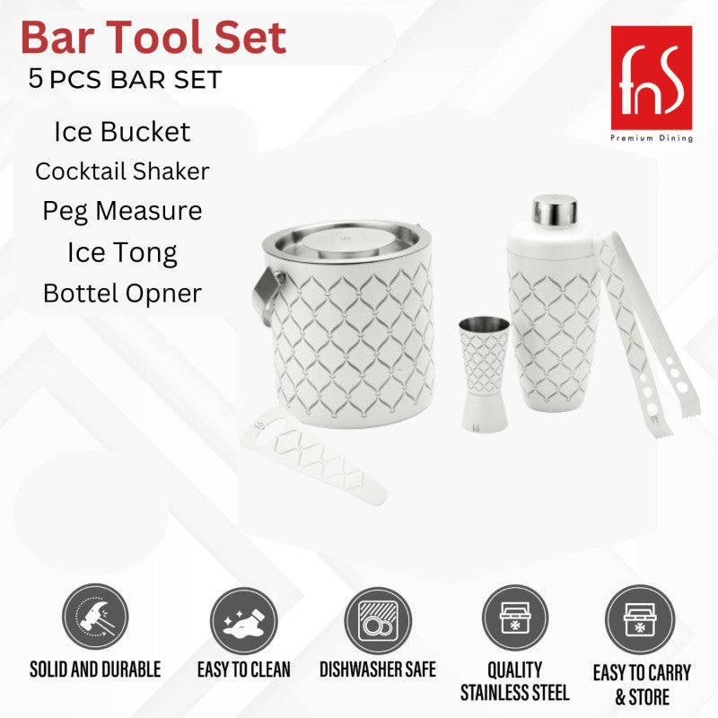 FNS 5-piece bar tool set showing ice bucket, cocktail shaker, peg measure, ice tong, and bottle opener with quality features