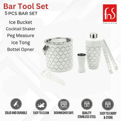 FNS 5-piece bar tool set showing ice bucket, cocktail shaker, peg measure, ice tong, and bottle opener with quality features