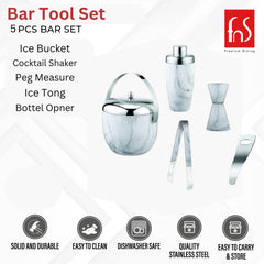 FNS 5-piece marble bar tool set showing all components with solid, durable, dishwasher safe, and stainless steel features