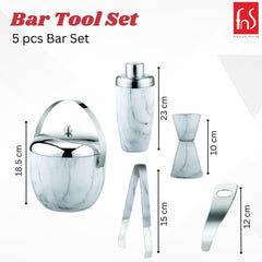 FNS 5-piece marble bar set components with dimensions showing ice bucket, shaker, jigger, tongs, and opener measurements