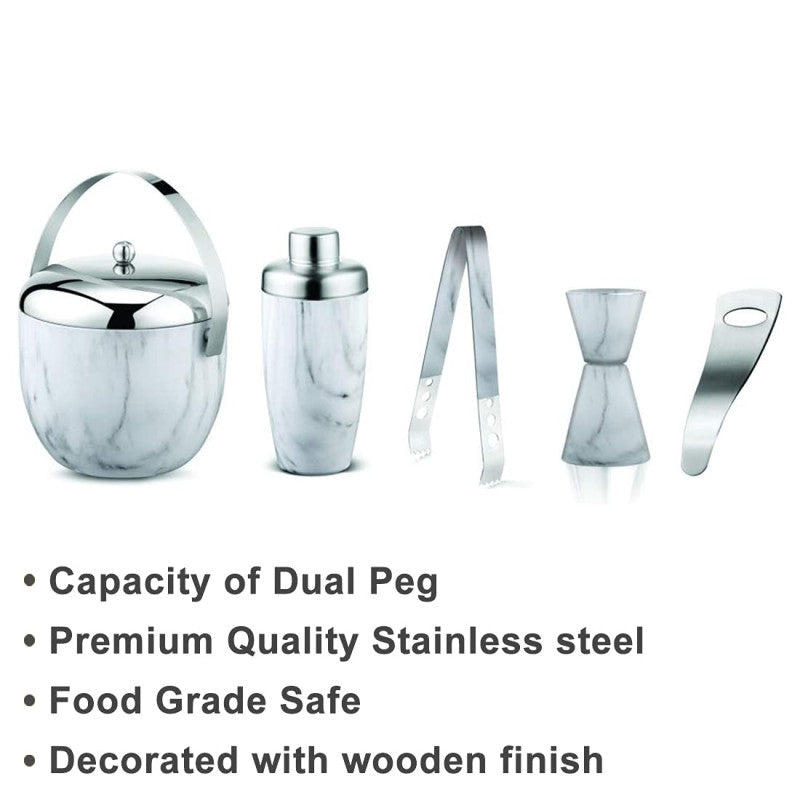 FNS 5-piece marble bar set highlighting dual peg capacity, premium stainless steel quality, and food-grade safe wooden finish