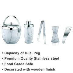 FNS 5-piece marble bar set highlighting dual peg capacity, premium stainless steel quality, and food-grade safe wooden finish