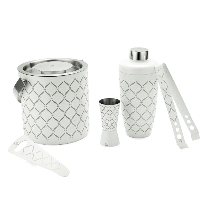 FNS 5-piece white bar tool set with diamond pattern including ice bucket, shaker, jigger, tongs, and bottle opener