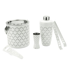 FNS 5-piece white bar tool set with diamond pattern including ice bucket, shaker, jigger, tongs, and bottle opener