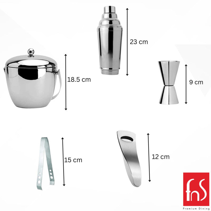 Product dimensions infographic showing measurements for ice bucket 18.5cm, cocktail shaker 23cm, jigger 9cm, ice tongs 15cm, and bottle opener 12cm