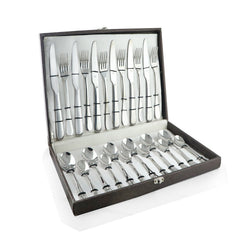 Complete stainless steel cutlery set with knives, forks, and spoons organized inside an elegant brown box.