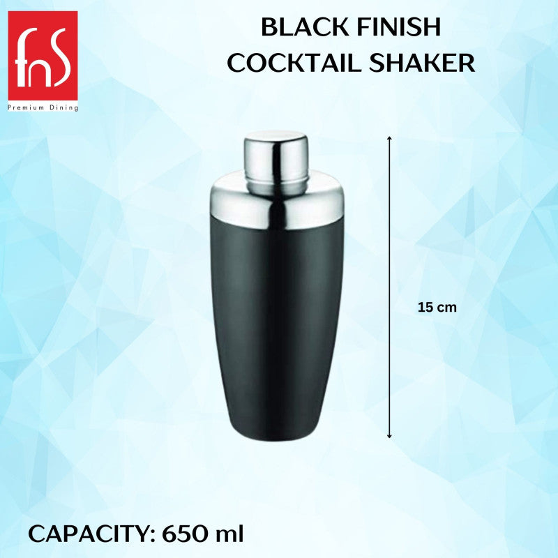 FNS black finish cocktail shaker with 15cm height and 650ml capacity specifications on light blue background