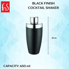 FNS black finish cocktail shaker with 15cm height and 650ml capacity specifications on light blue background