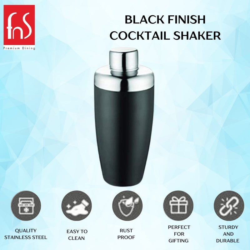FNS black finish cocktail shaker features infographic highlighting quality stainless steel, easy to clean, rust proof, perfect for gifting, sturdy and durable