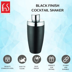 FNS black finish cocktail shaker features infographic highlighting quality stainless steel, easy to clean, rust proof, perfect for gifting, sturdy and durable